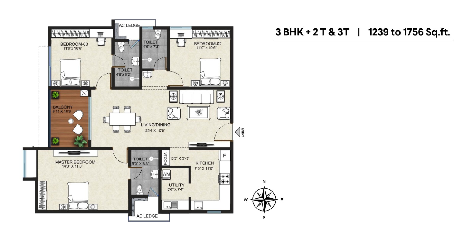 Urbanrise Whispers of Sky 3 BHK Floor Plan